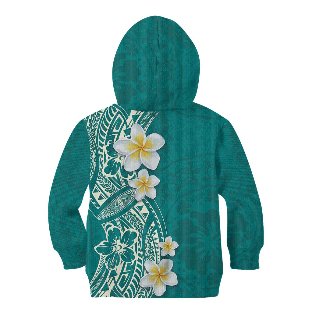 Plumeria Kid Hoodie Polynesian Tribal Frangipani Teal