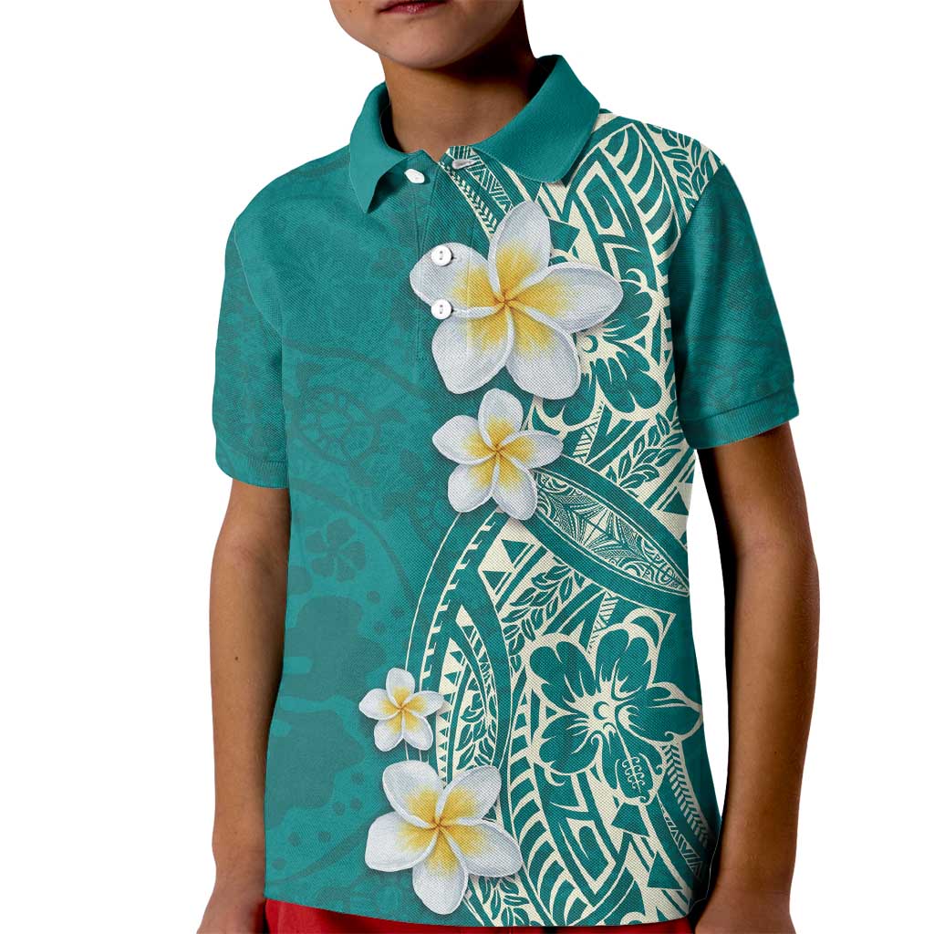 Plumeria Kid Polo Shirt Polynesian Tribal Frangipani Teal