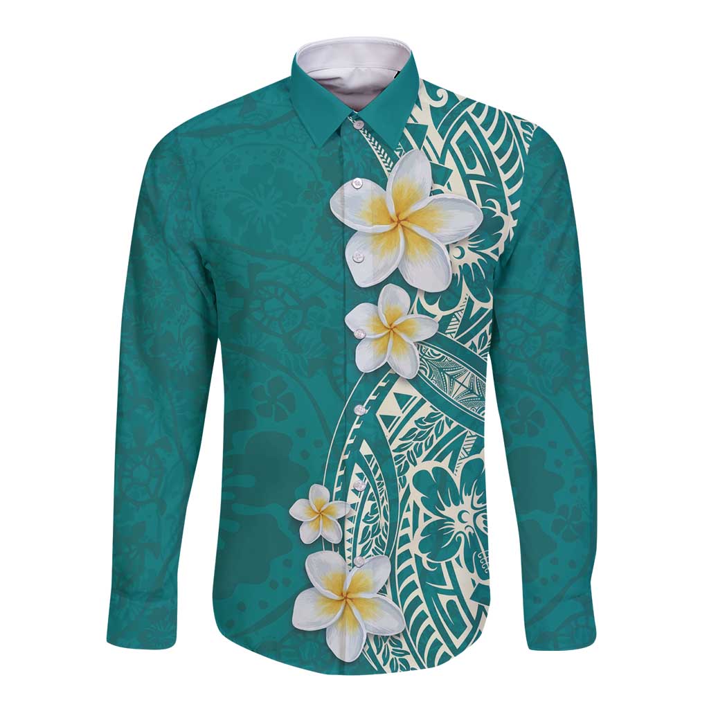 Plumeria Long Sleeve Button Shirt Polynesian Tribal Frangipani Teal