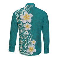 Plumeria Long Sleeve Button Shirt Polynesian Tribal Frangipani Teal