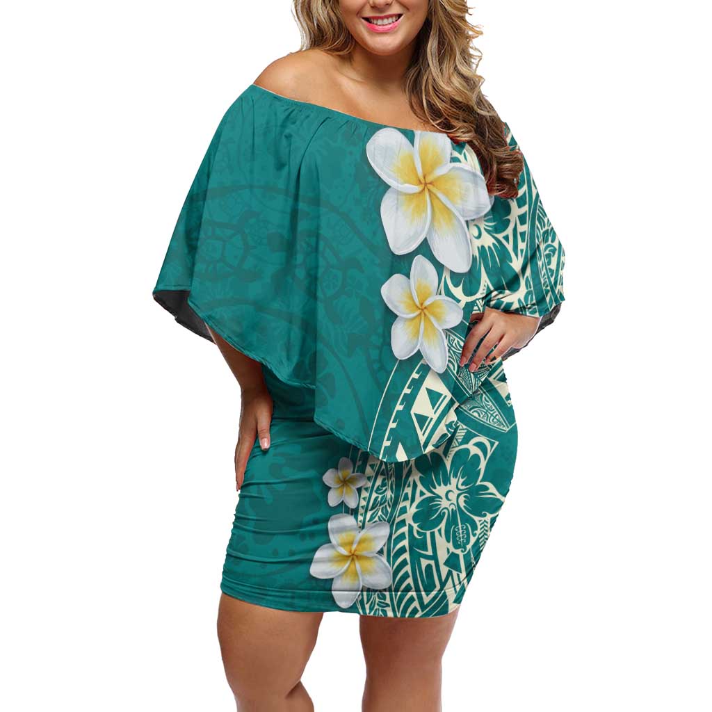 Plumeria Off Shoulder Short Dress Polynesian Tribal Frangipani Teal