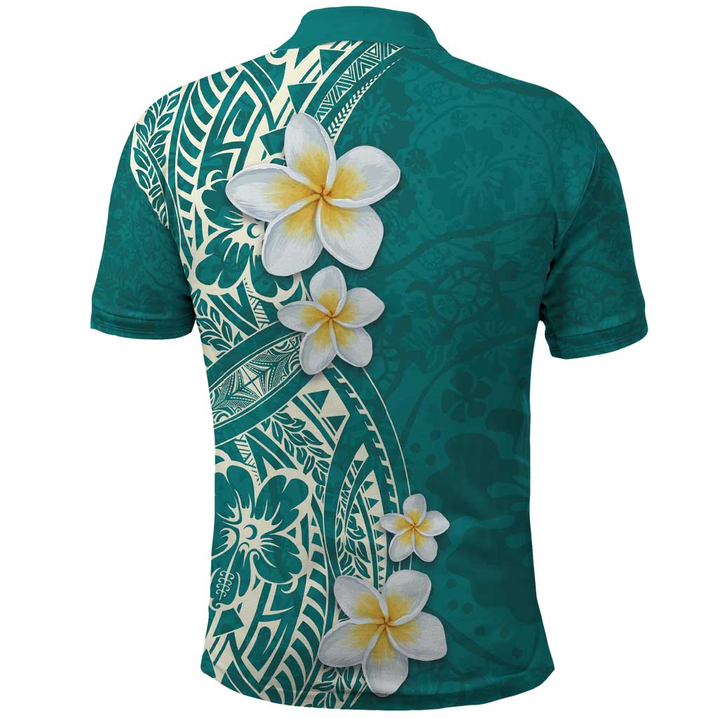 Plumeria Polo Shirt Polynesian Tribal Frangipani Teal