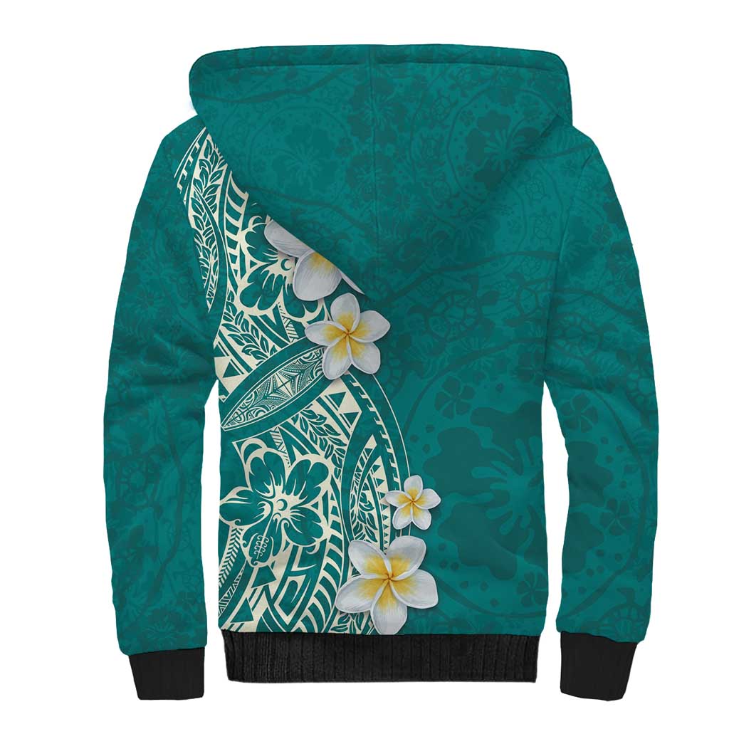 Plumeria Sherpa Hoodie Polynesian Tribal Frangipani Teal