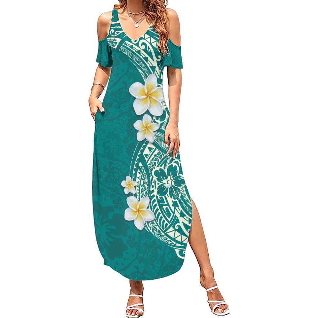 Plumeria Summer Maxi Dress Polynesian Tribal Frangipani Teal