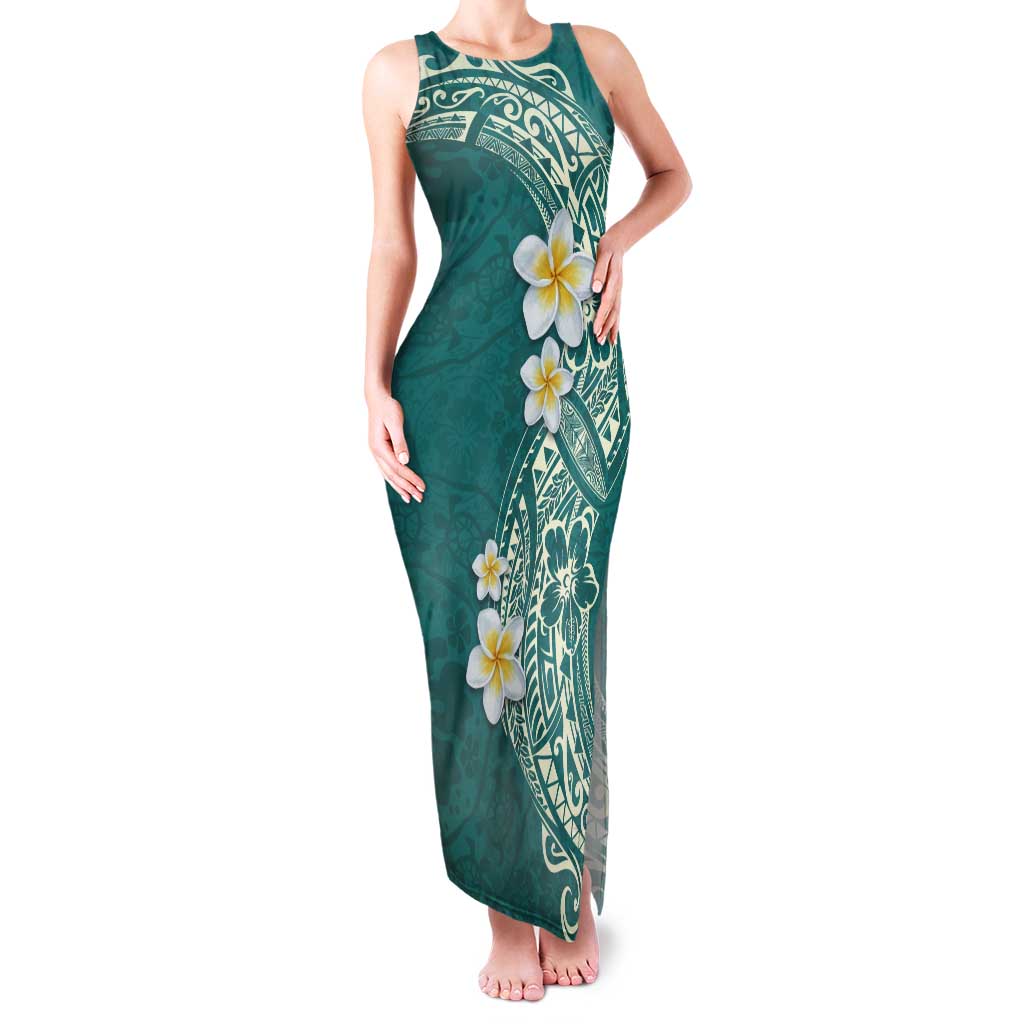 Plumeria Tank Maxi Dress Polynesian Tribal Frangipani Teal