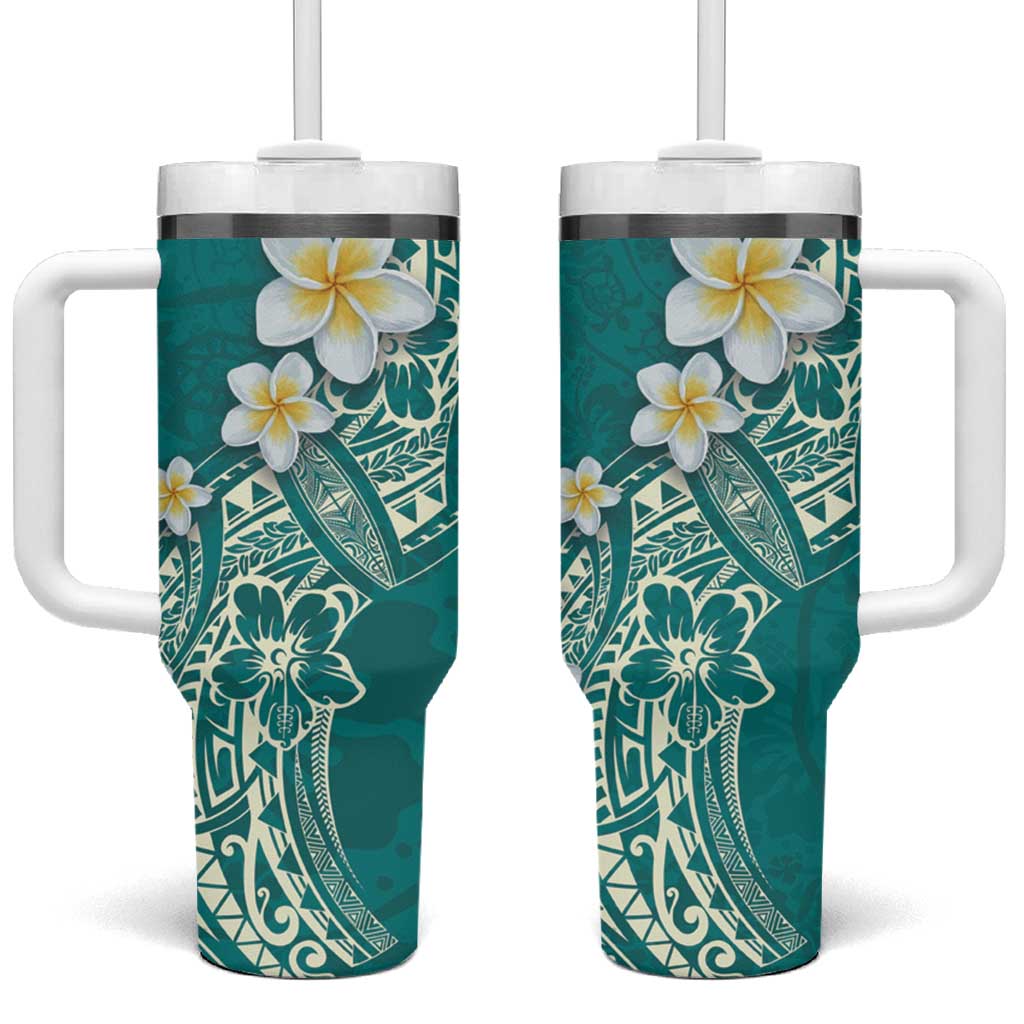 Polynesian Tattoos Frangipani Tumbler With Handle Hibiscus Turtles and Tribal Motifs Vintage Floral - Teal Color