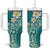 Polynesian Tattoos Frangipani Tumbler With Handle Hibiscus Turtles and Tribal Motifs Vintage Floral - Teal Color