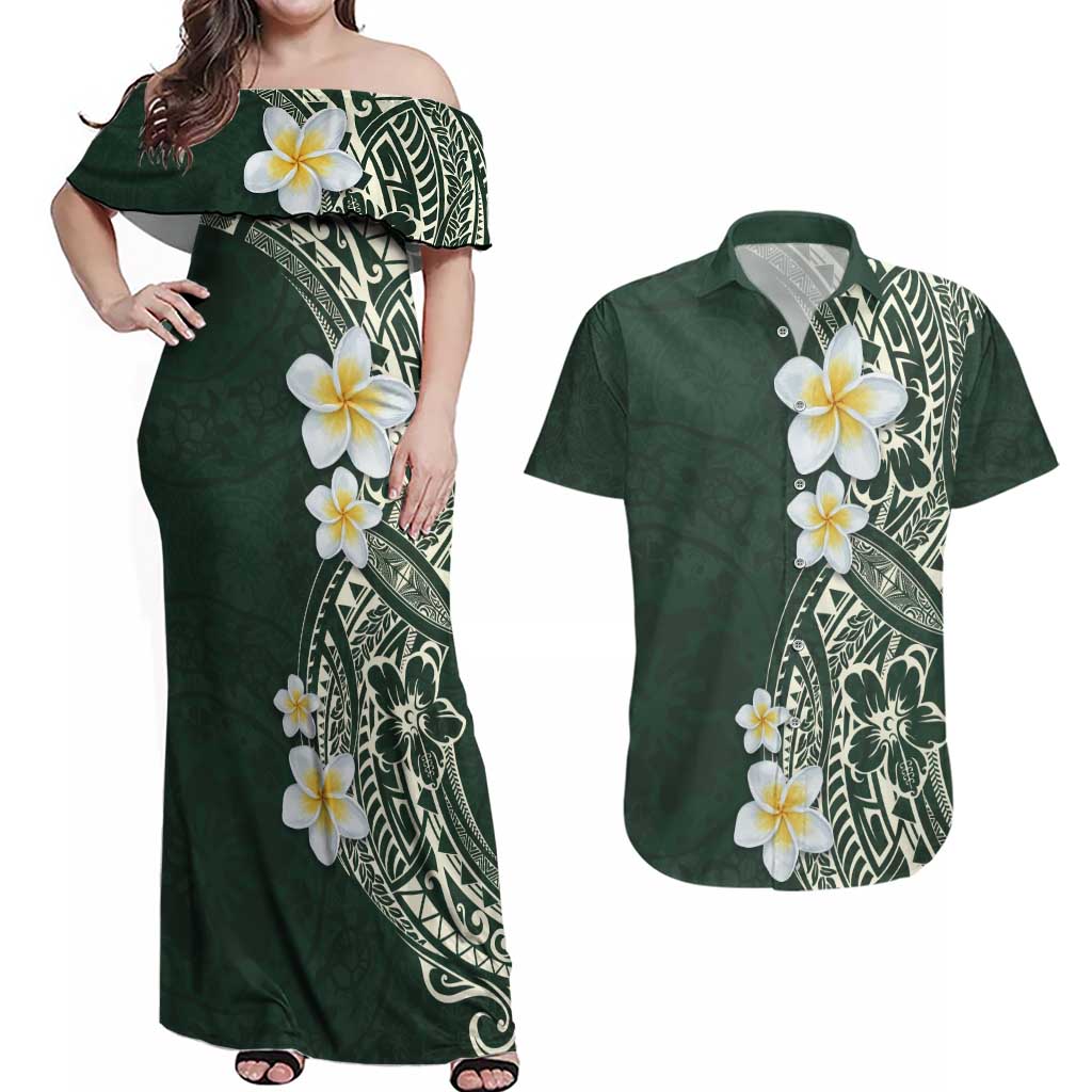 Plumeria Couples Matching Off Shoulder Maxi Dress and Hawaiian Shirt Polynesian Tribal Frangipani Green