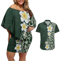 Plumeria Couples Matching Off Shoulder Short Dress and Hawaiian Shirt Polynesian Tribal Frangipani Green LT03 Green - Polynesian Pride