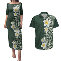 Plumeria Couples Matching Puletasi and Hawaiian Shirt Polynesian Tribal Frangipani Green