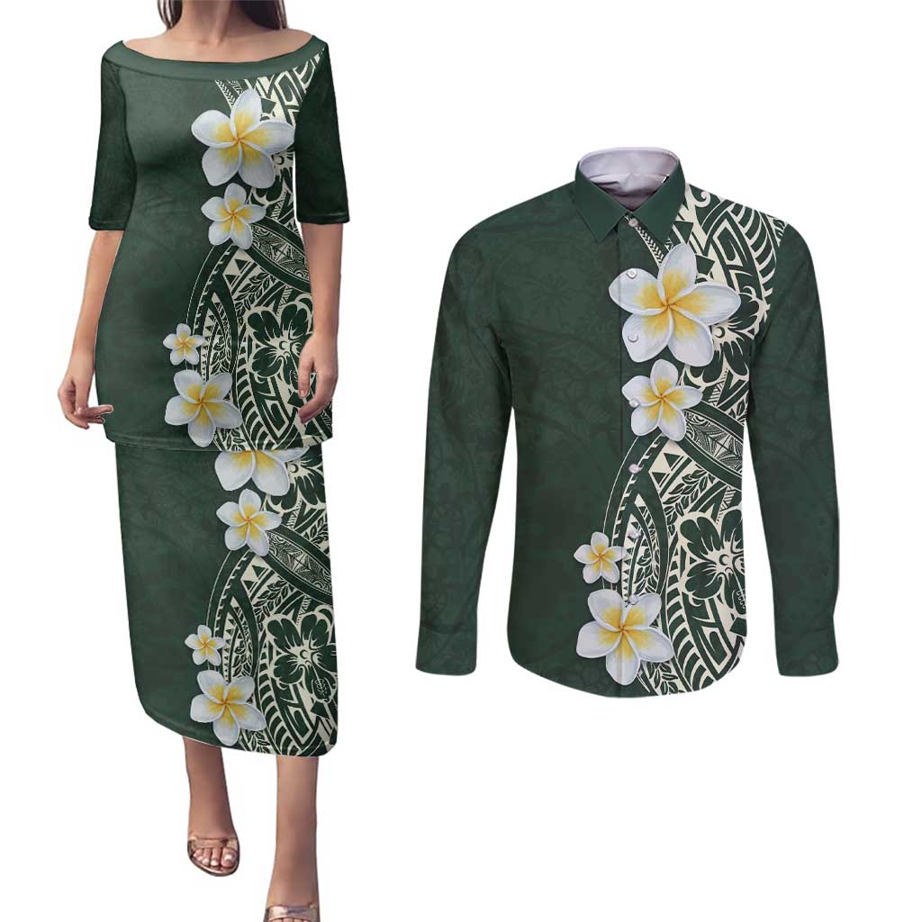 Plumeria Couples Matching Puletasi and Long Sleeve Button Shirt Polynesian Tribal Frangipani Green