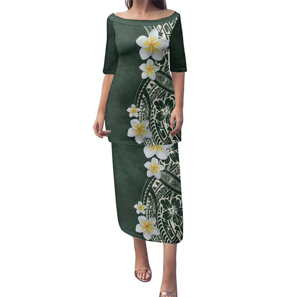 Plumeria Family Matching Puletasi and Hawaiian Shirt Polynesian Tribal Frangipani Green LT03 Mom's Dress Green - Polynesian Pride