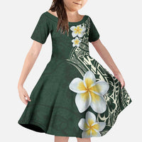 Plumeria Family Matching Short Sleeve Bodycon Dress and Hawaiian Shirt Polynesian Tribal Frangipani Green LT03 Daughter's Dress Green - Polynesian Pride
