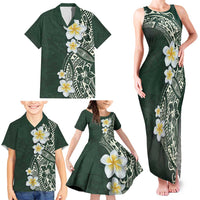 Plumeria Family Matching Tank Maxi Dress and Hawaiian Shirt Polynesian Tribal Frangipani Green