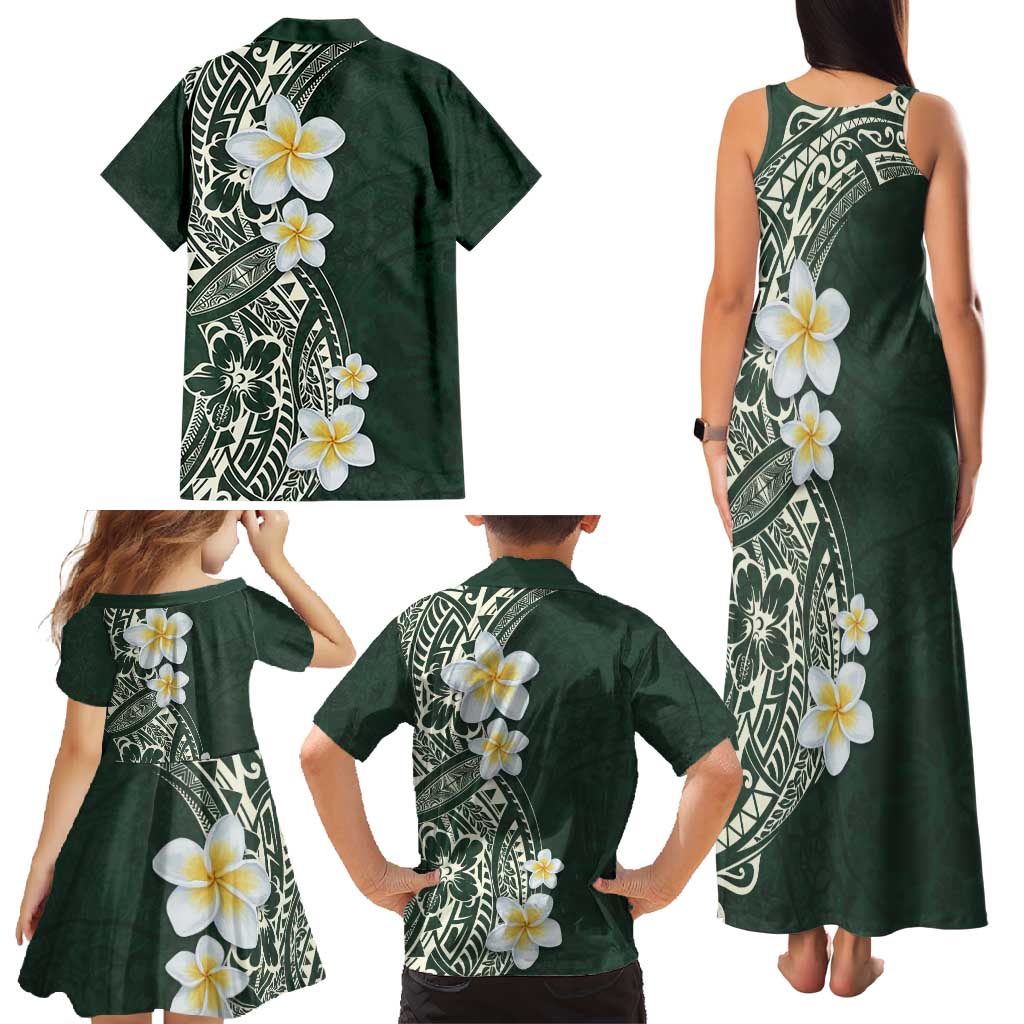 Plumeria Family Matching Tank Maxi Dress and Hawaiian Shirt Polynesian Tribal Frangipani Green
