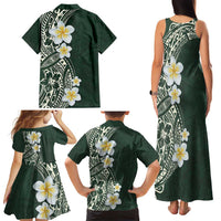 Plumeria Family Matching Tank Maxi Dress and Hawaiian Shirt Polynesian Tribal Frangipani Green