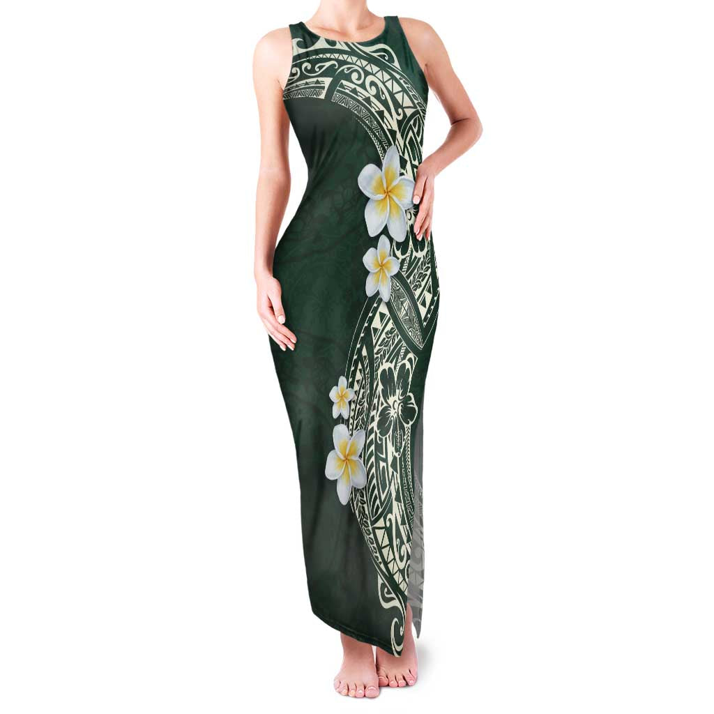 Plumeria Family Matching Tank Maxi Dress and Hawaiian Shirt Polynesian Tribal Frangipani Green