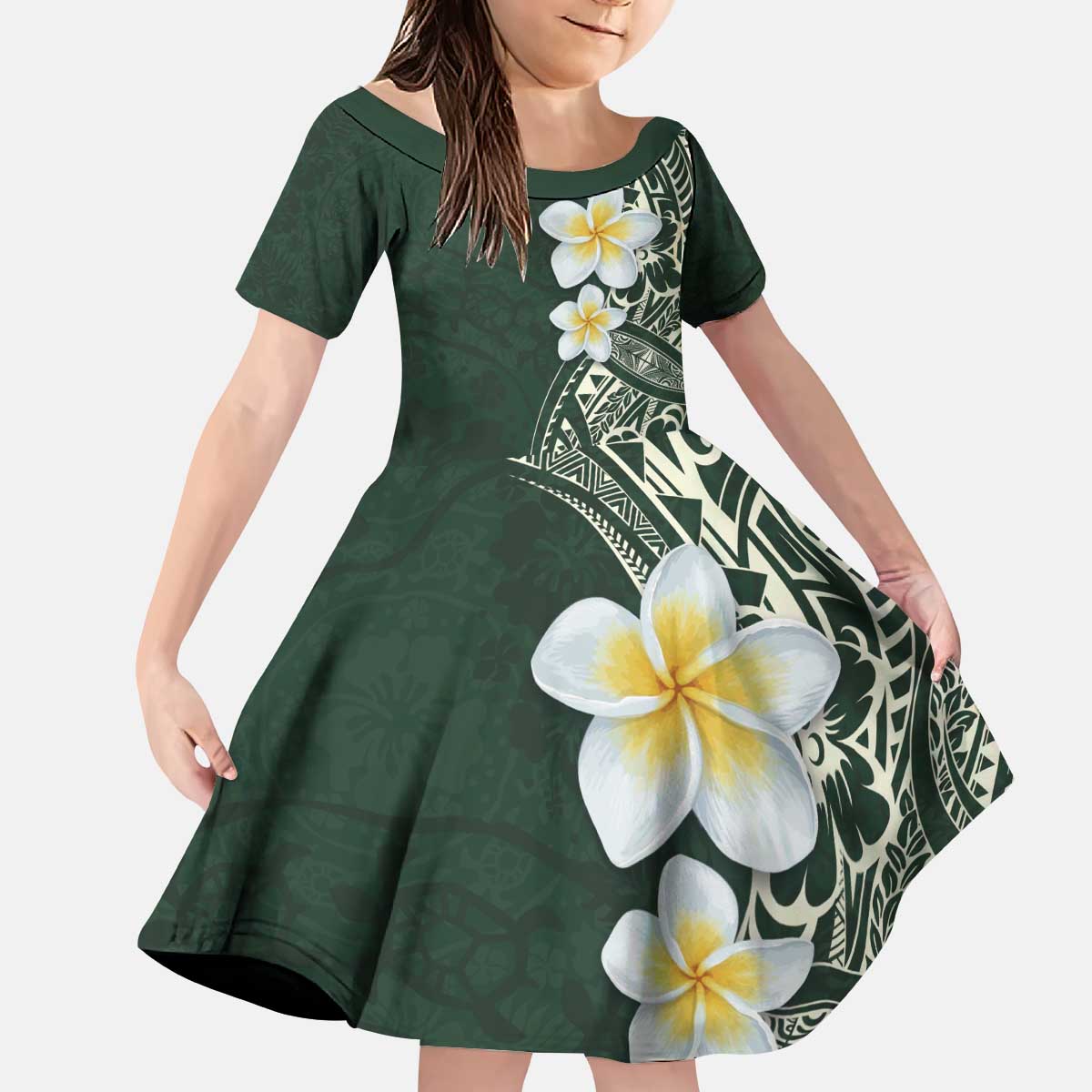 Plumeria Kid Short Sleeve Dress Polynesian Tribal Frangipani Green