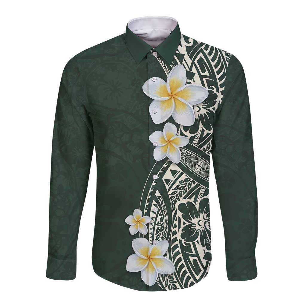 Plumeria Long Sleeve Button Shirt Polynesian Tribal Frangipani Green