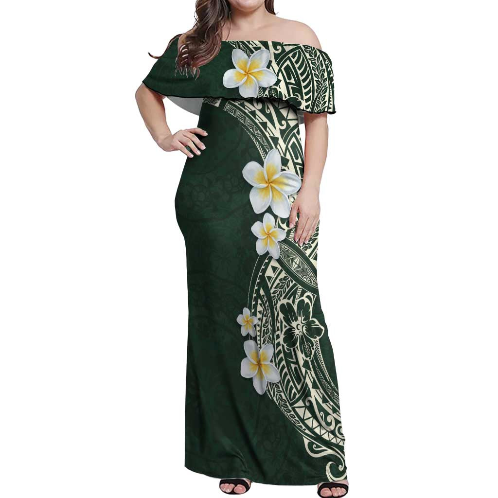 Plumeria Off Shoulder Maxi Dress Polynesian Tribal Frangipani Green LT03 Women Green - Polynesian Pride