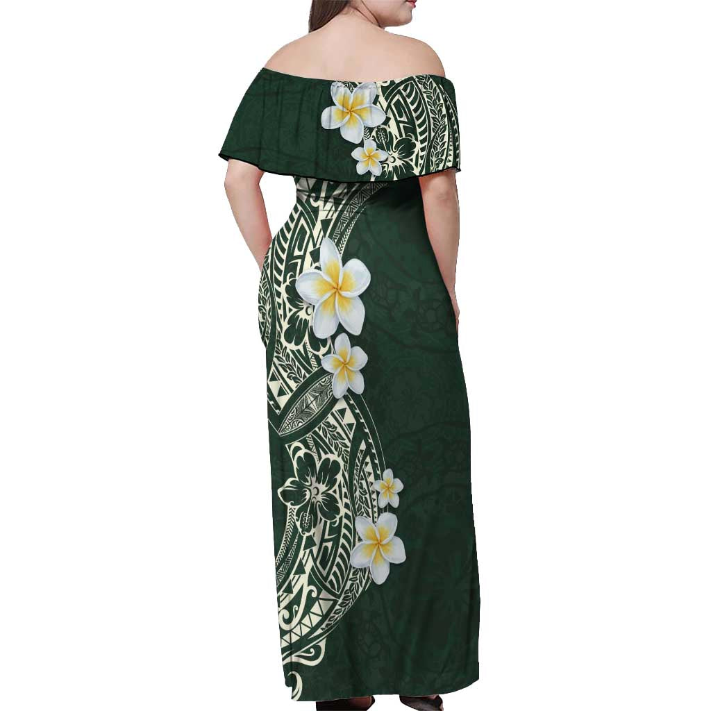 Plumeria Off Shoulder Maxi Dress Polynesian Tribal Frangipani Green LT03 - Polynesian Pride