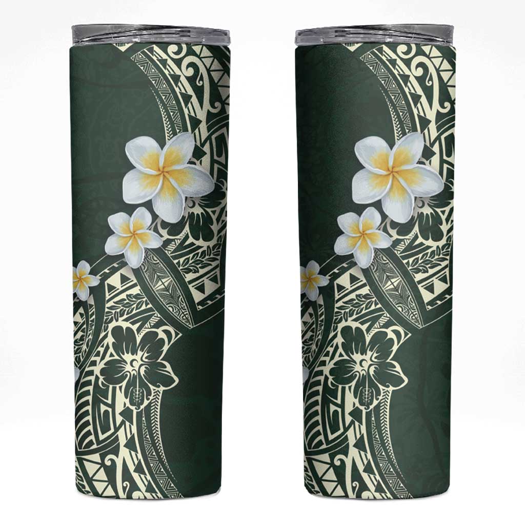 Polynesian Tattoos Frangipani Skinny Tumbler Hibiscus Turtles and Tribal Motifs Vintage Floral - Green Color