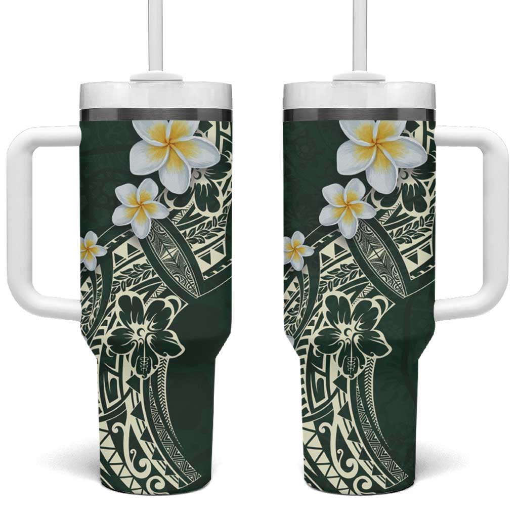 Polynesian Tattoos Frangipani Tumbler With Handle Hibiscus Turtles and Tribal Motifs Vintage Floral - Green Color