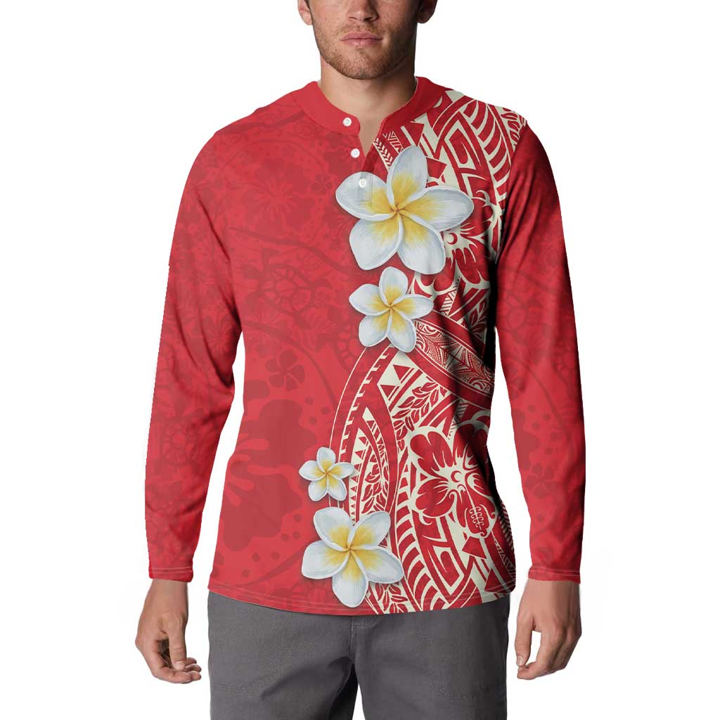 Plumeria Button Sweatshirt Polynesian Tribal Frangipani Red
