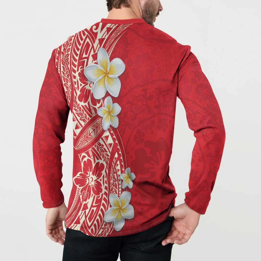Plumeria Button Sweatshirt Polynesian Tribal Frangipani Red