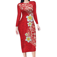 Plumeria Family Matching Long Sleeve Bodycon Dress and Hawaiian Shirt Polynesian Tribal Frangipani Red LT03 Mom's Dress Red - Polynesian Pride