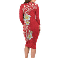 Plumeria Family Matching Long Sleeve Bodycon Dress and Hawaiian Shirt Polynesian Tribal Frangipani Red LT03 - Polynesian Pride
