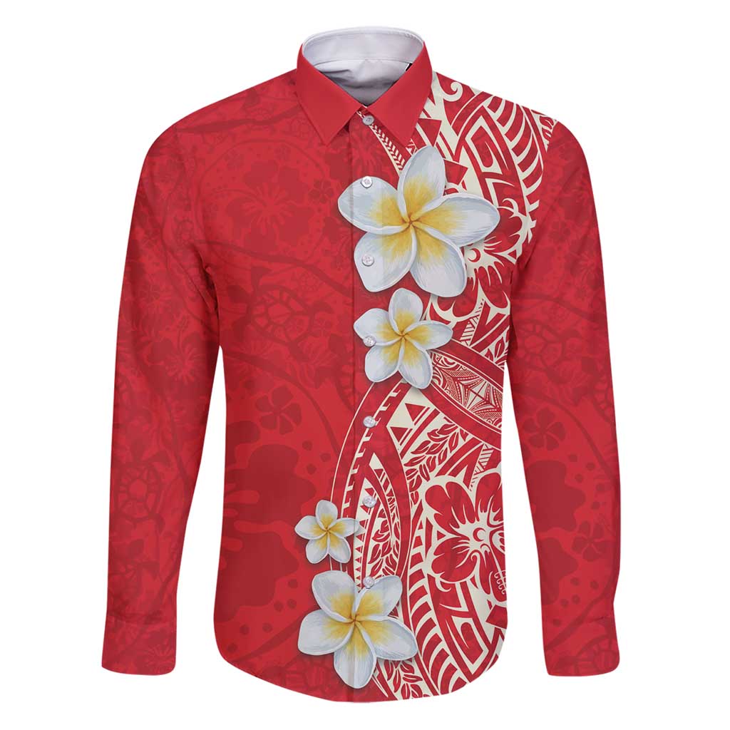 Plumeria Family Matching Puletasi and Hawaiian Shirt Polynesian Tribal Frangipani Red LT03 Dad's Shirt - Long Sleeve Red - Polynesian Pride