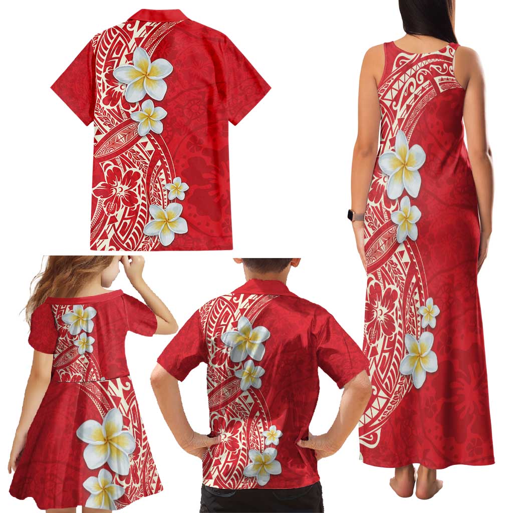 Plumeria Family Matching Tank Maxi Dress and Hawaiian Shirt Polynesian Tribal Frangipani Red