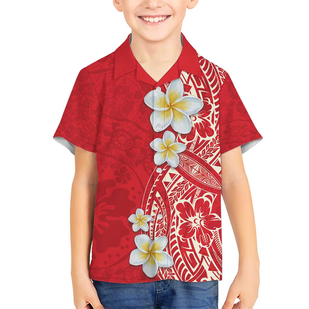 Plumeria Kid Hawaiian Shirt Polynesian Tribal Frangipani Red