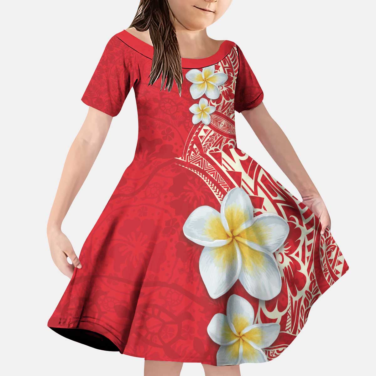 Plumeria Kid Short Sleeve Dress Polynesian Tribal Frangipani Red