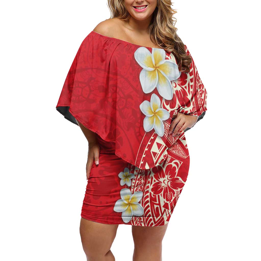 Plumeria Off Shoulder Short Dress Polynesian Tribal Frangipani Red