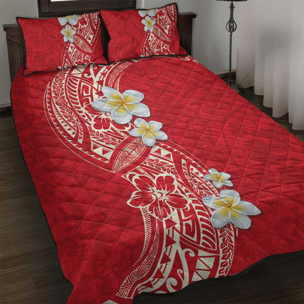 Plumeria Quilt Bed Set Polynesian Tribal Frangipani Red