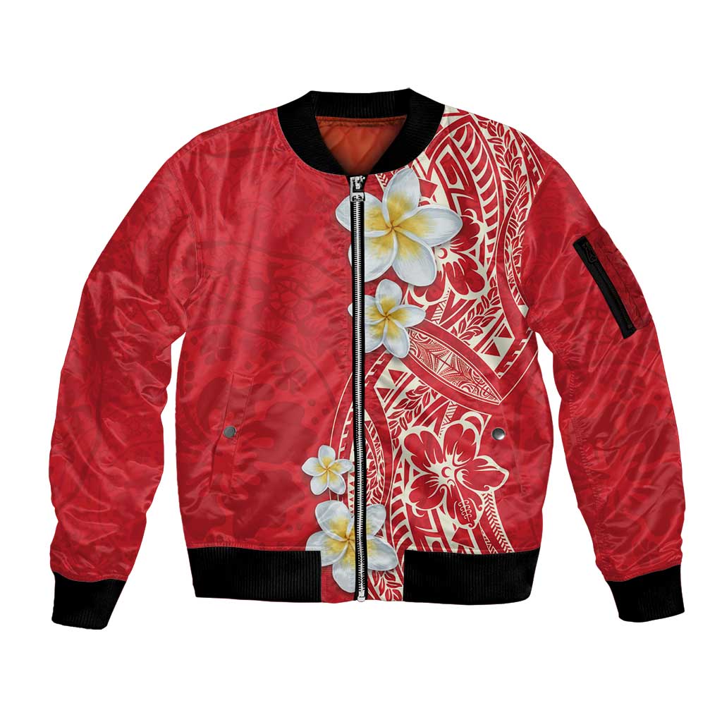 Plumeria Sleeve Zip Bomber Jacket Polynesian Tribal Frangipani Red