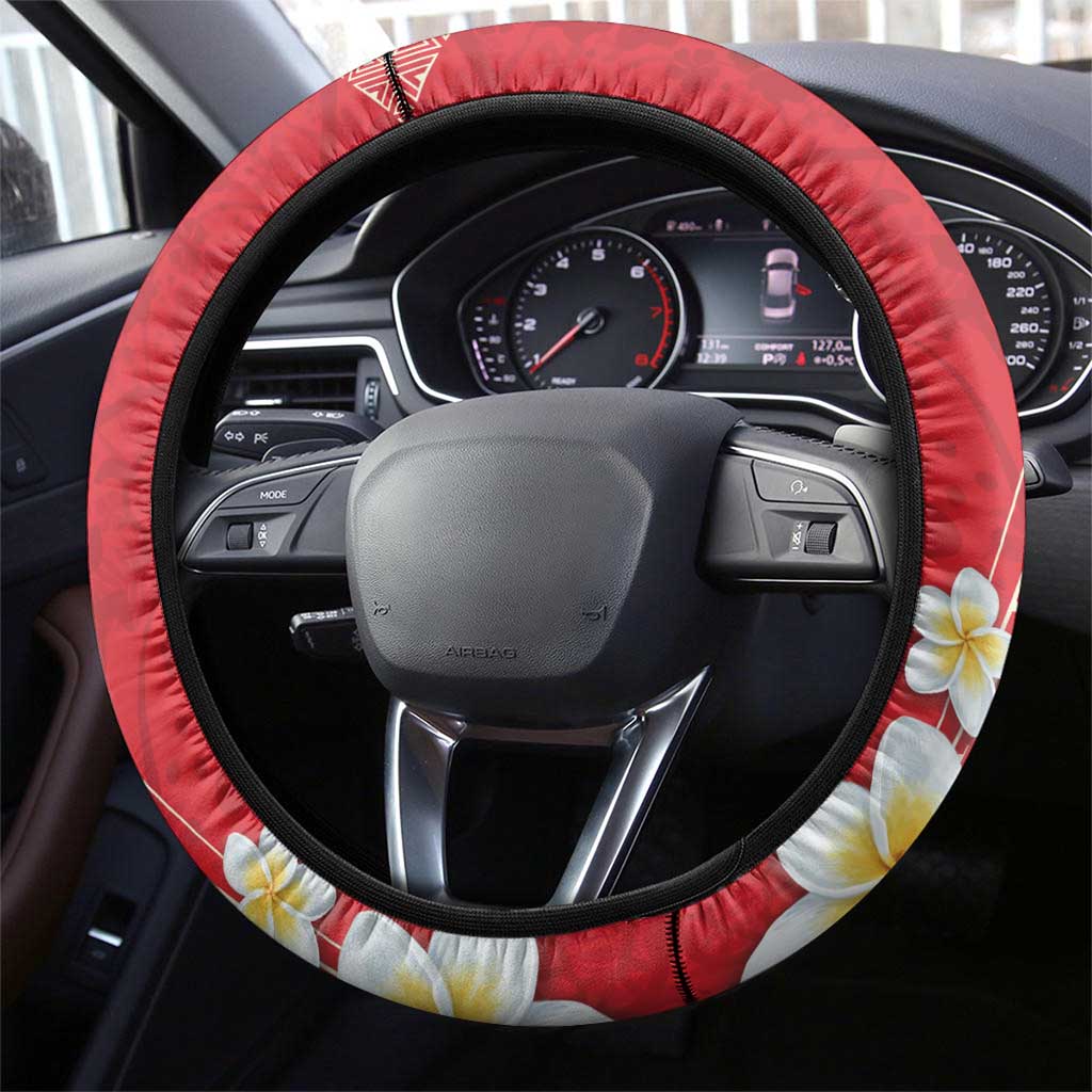 Plumeria Steering Wheel Cover Polynesian Tribal Frangipani Red