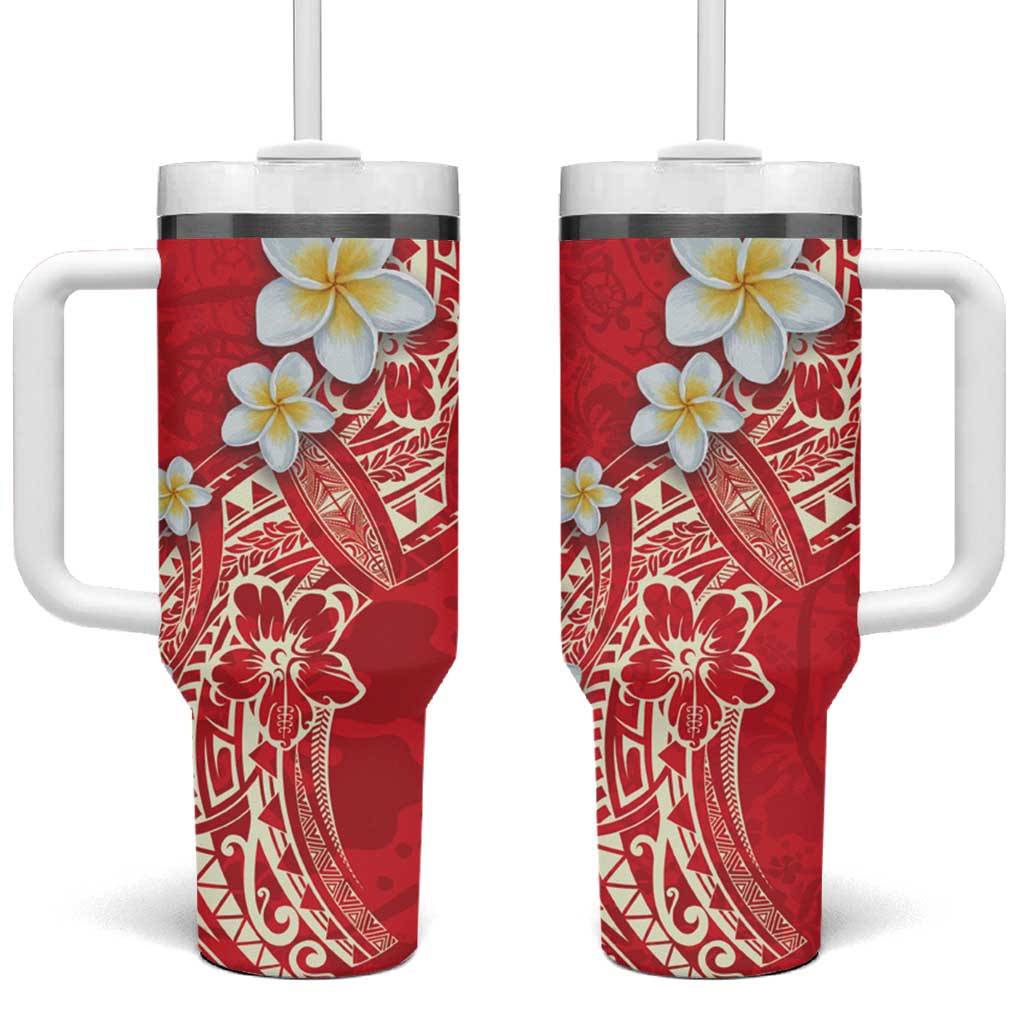 Polynesian Tattoos Frangipani Tumbler With Handle Hibiscus Turtles and Tribal Motifs Vintage Floral - Red Color