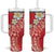 Polynesian Tattoos Frangipani Tumbler With Handle Hibiscus Turtles and Tribal Motifs Vintage Floral - Red Color