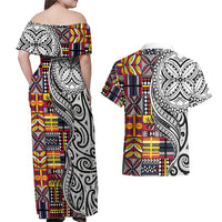 Niue Hiapo and Maori Decoration Tattoos Couples Matching Off Shoulder Maxi Dress and Hawaiian Shirt - Polynesian Pride