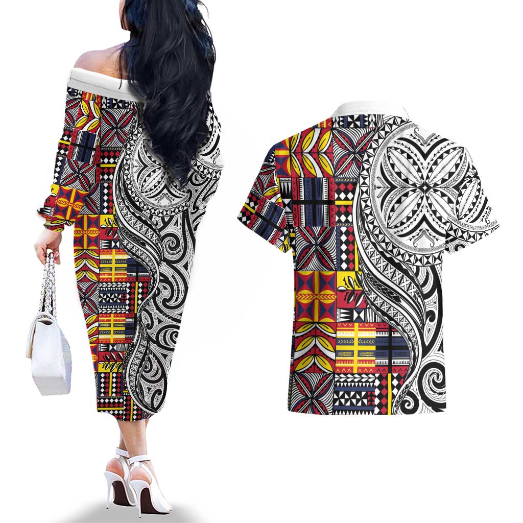 Niue Hiapo and Maori Decoration Tattoos Couples Matching Off The Shoulder Long Sleeve Dress and Hawaiian Shirt - Polynesian Pride