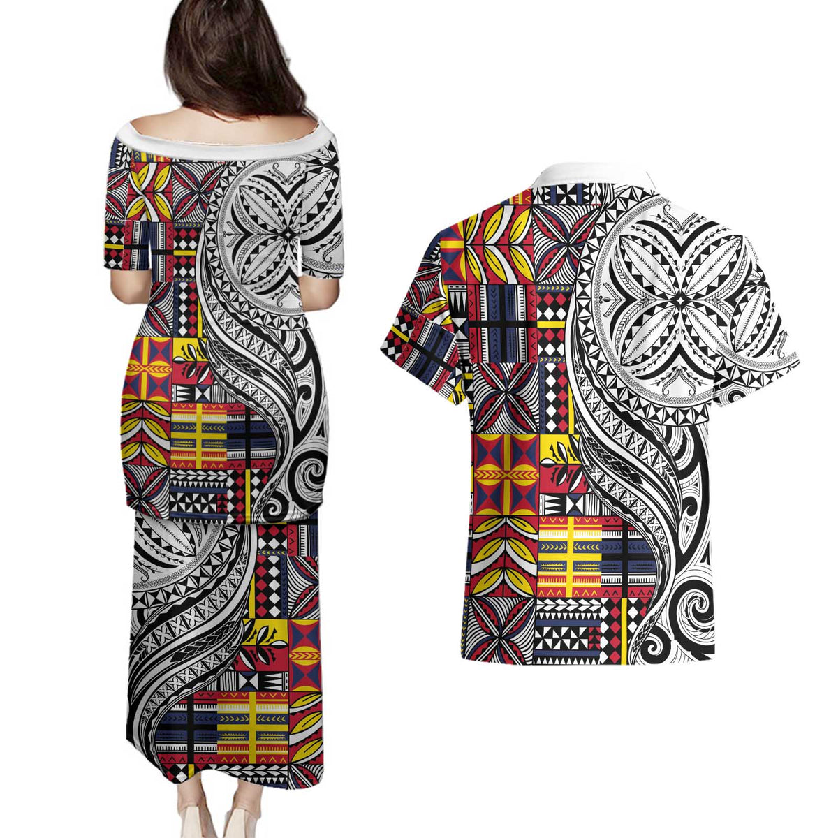 Niue Hiapo and Maori Decoration Tattoos Couples Matching Puletasi and Hawaiian Shirt - Polynesian Pride