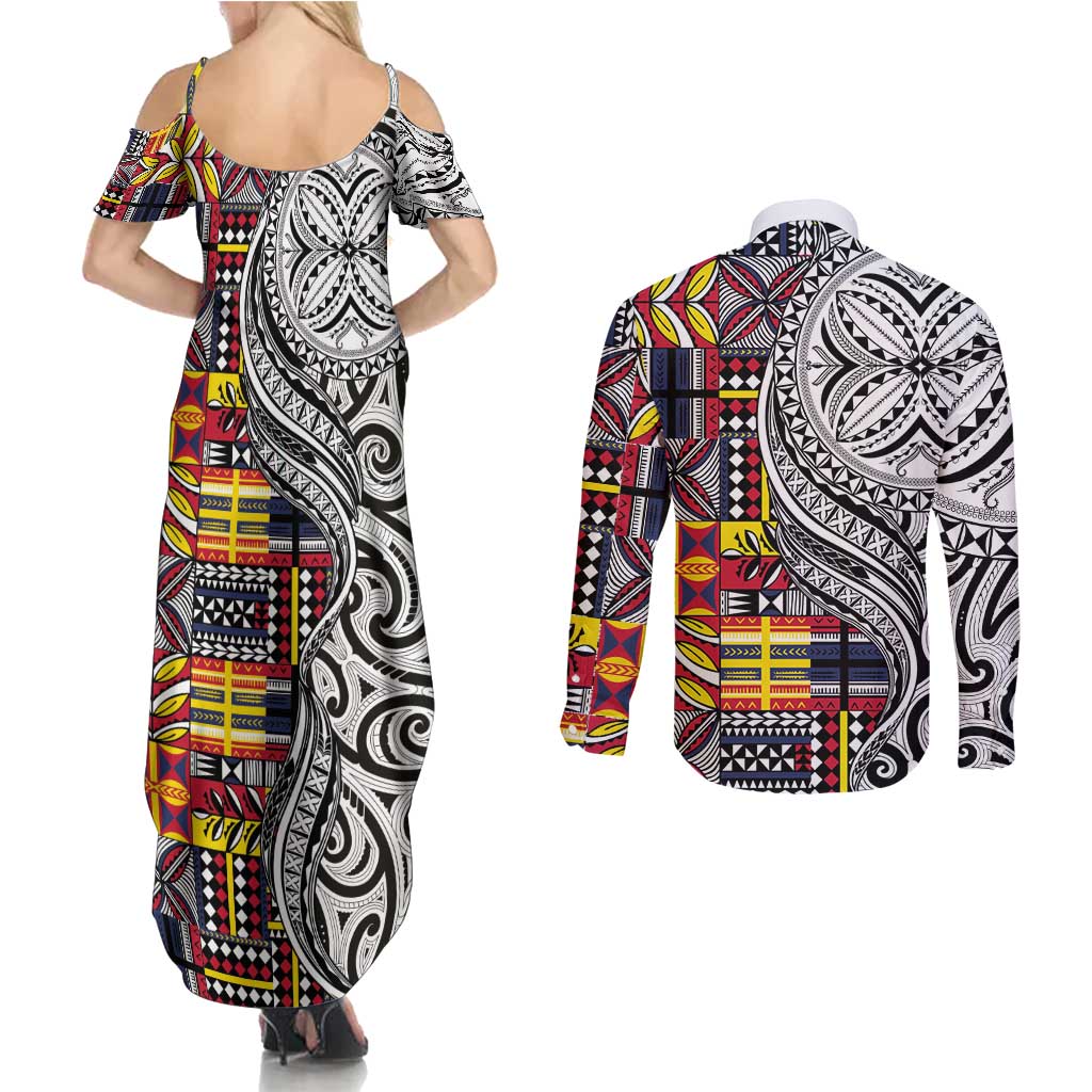 Niue Hiapo and Maori Decoration Tattoos Couples Matching Summer Maxi Dress and Long Sleeve Button Shirt - Polynesian Pride