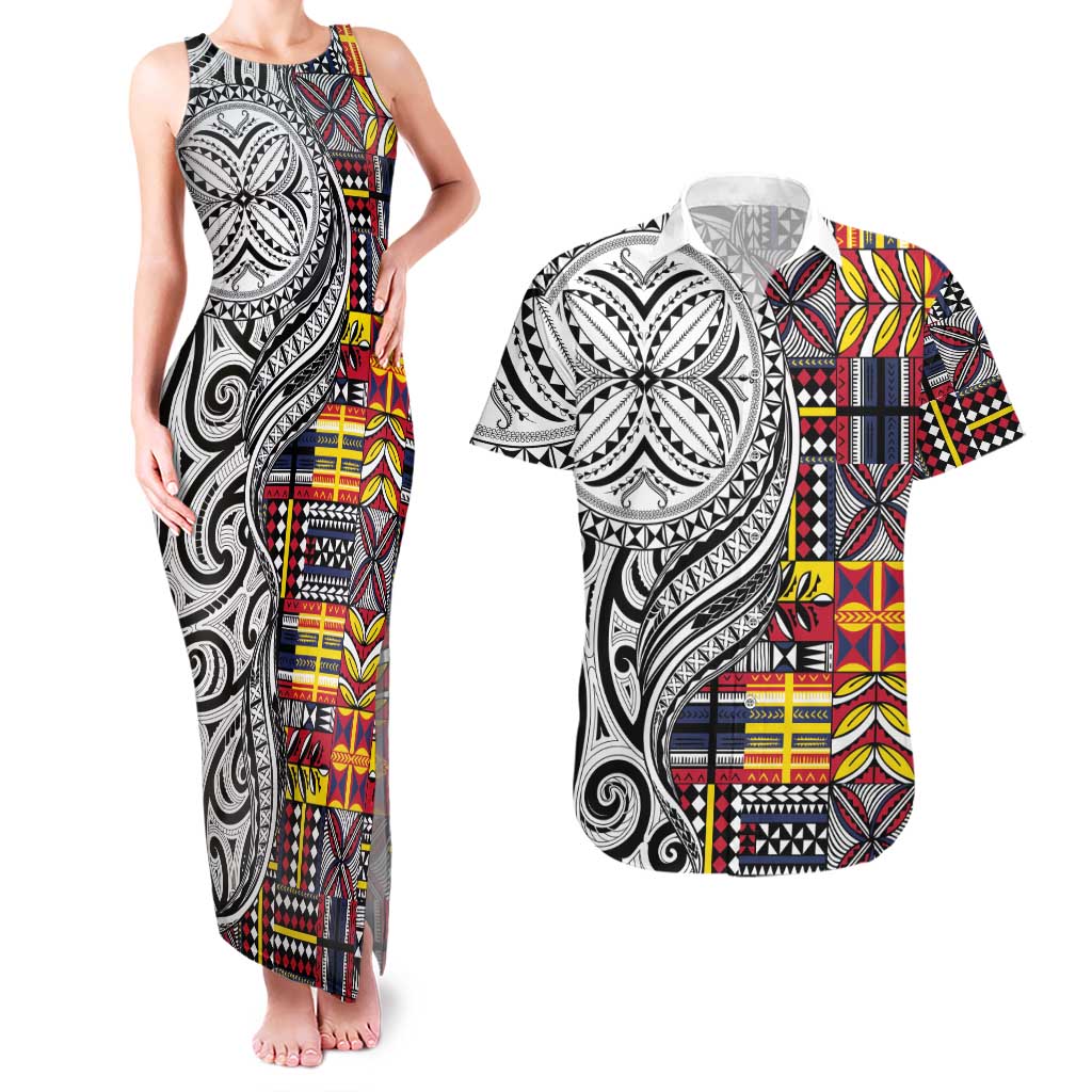Niue Hiapo and Maori Decoration Tattoos Couples Matching Tank Maxi Dress and Hawaiian Shirt - Polynesian Pride