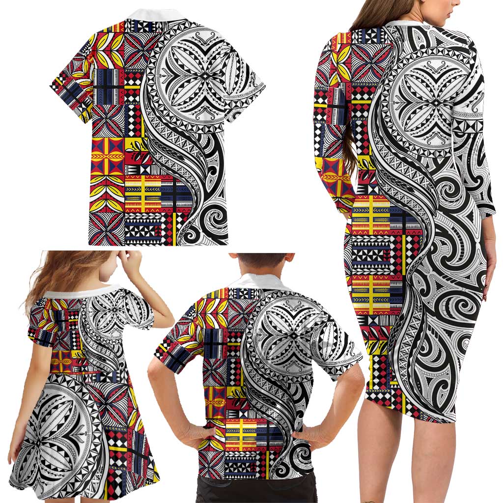 Niue Hiapo and Maori Decoration Tattoos Family Matching Long Sleeve Bodycon Dress and Hawaiian Shirt - Polynesian Pride