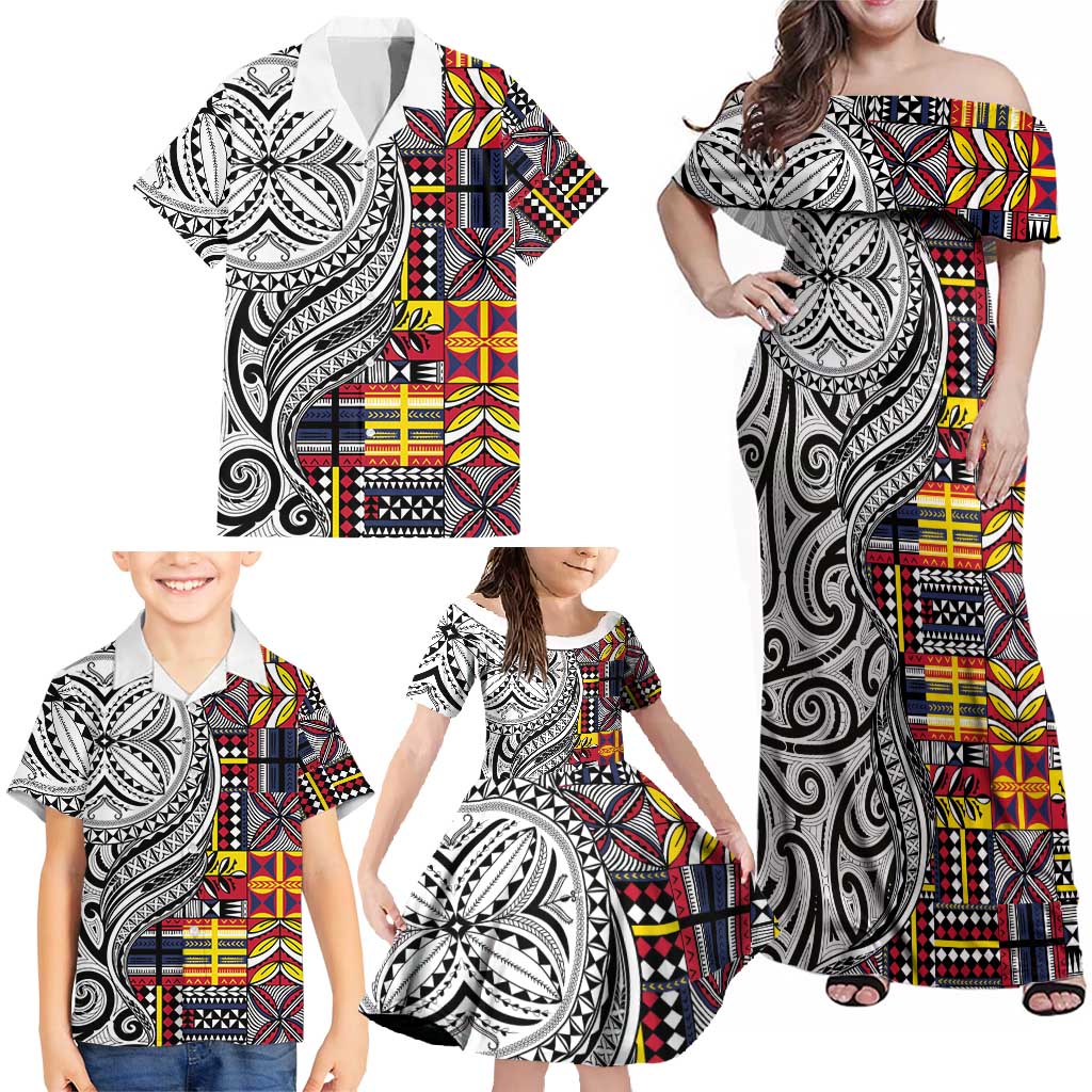 Niue Hiapo and Maori Decoration Tattoos Family Matching Off Shoulder Maxi Dress and Hawaiian Shirt - Polynesian Pride
