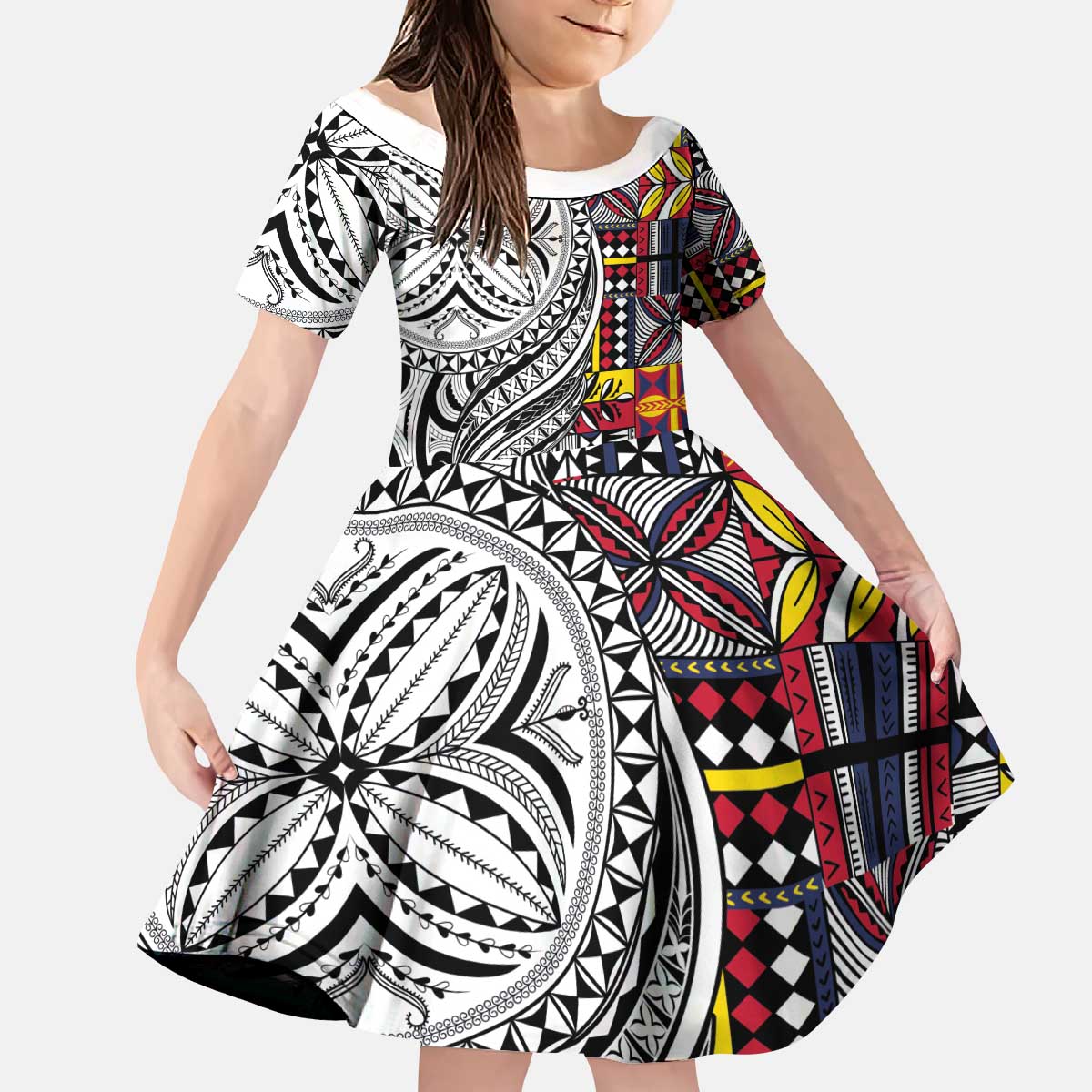 Niue Hiapo and Maori Decoration Tattoos Kid Short Sleeve Dress - Polynesian Pride