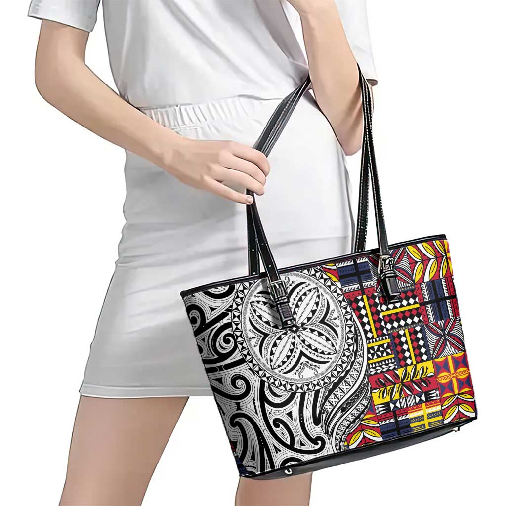 Niue Hiapo and Maori Decoration Tattoos Leather Tote Bag - Polynesian Pride